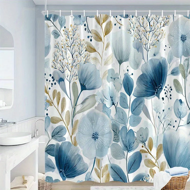 

1 шт. синяя занавеска для душа с цветочным узором, полиэфирная ткань, можно стирать в машине, подходит для украшения ванной комнаты