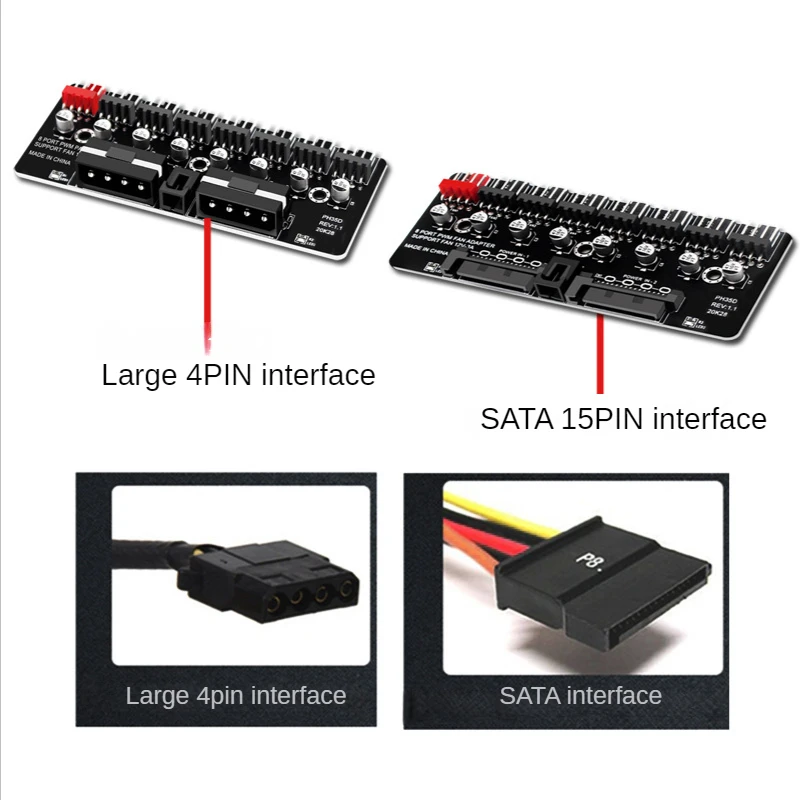 คอมพิวเตอร์เดสก์ท็อปพัดลม CPU PWM Hub 12V 3-pin 4-pin Expander ขนาดใหญ่ 4Pin SATA 15Pin อินเทอร์เฟซ 8-way แชสซีพัดลมควบคุมความเร็ว