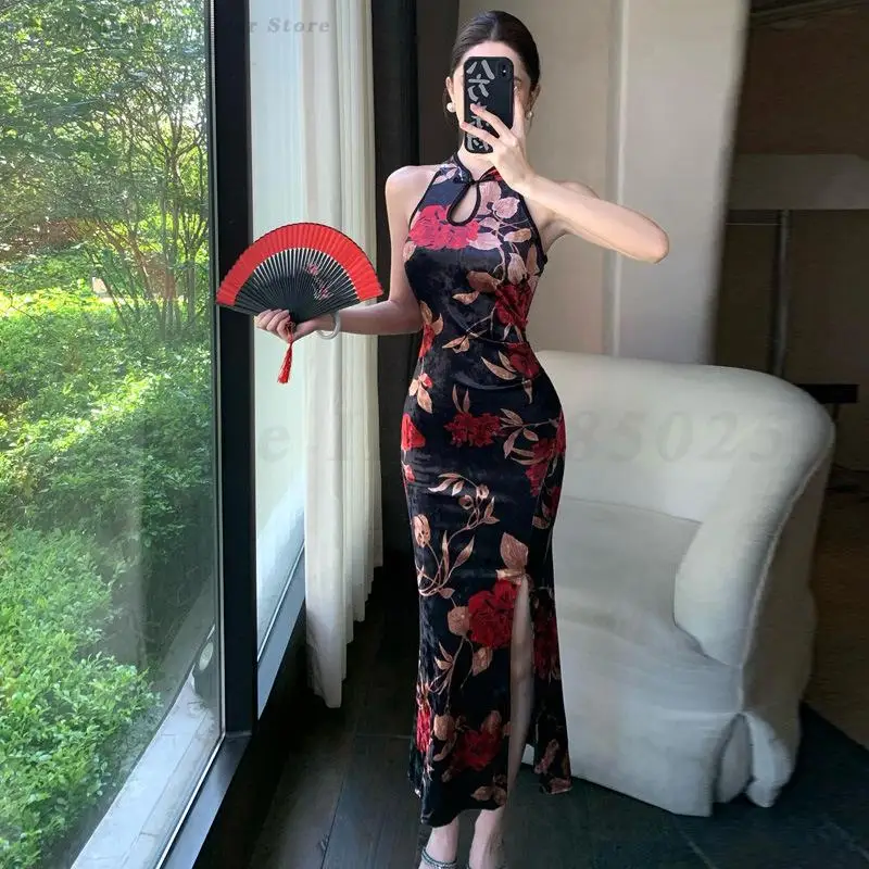 Sexy Off Shoulder Cheongsam New Velvet Long Dress Female Chinese Style Vestidos Retro Printed Flower Qipao Evening Party Gown