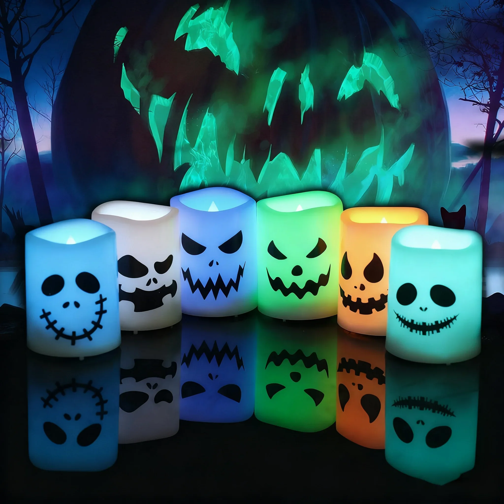 6pcs Halloween LED Candles Battery Operated Flameless Flickering Tea Lights Color Changing Votive Ghost Face Decor,Party Home