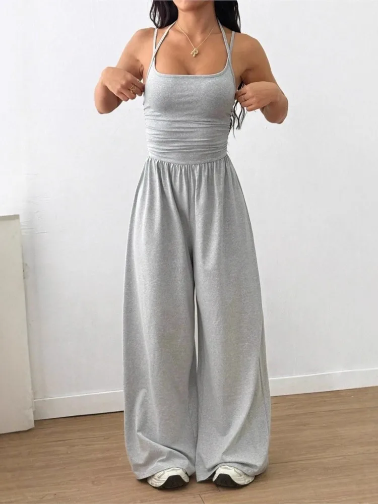 

Y2K Female Jumpsuit Solid Color Double Suspenders Elastic Waist Loose Wide Leg Jumpsuits Sports Fitness Commuting Yoga Bodysuits