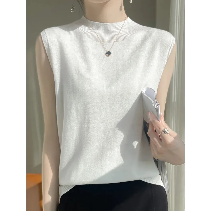 

New Arrivals T-Shirts Worsted Wool Women's Vest Sleeveless Half High Collar Pullovers Slim Fitting Knitted Tees Solid Color Tops