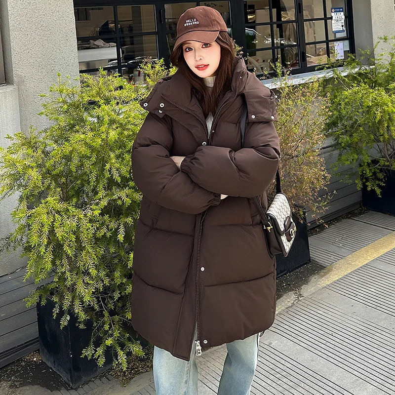 Parka Wanita Mantel Panjang Selutut Kasual Longgar Berkerudung Jaket Resleting Tebal Hangat Y2k Streetwear Mantel Kerja Elegan Musim Gugur Musim Dingin 2025