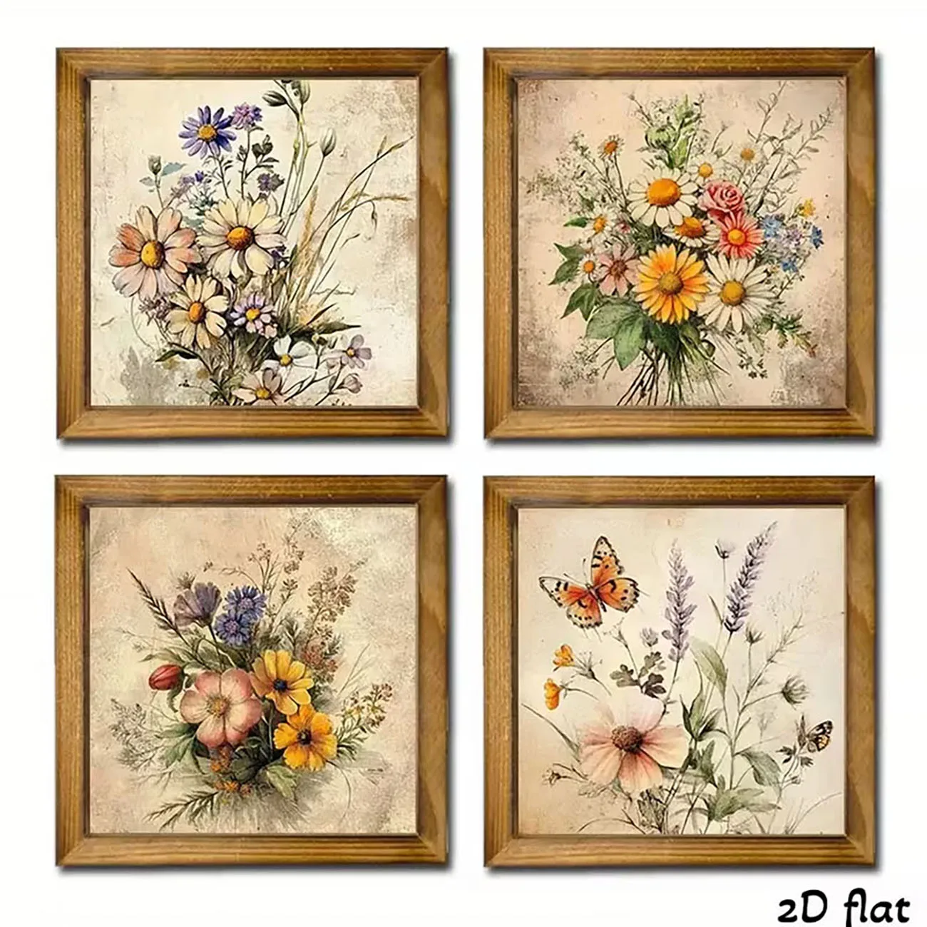 4Pcs 2D Flat Vintage Floral Wooden Wall Stickers, Framed Wildflower & Butterfly Prints, Farmhouse Decor with Nano Tape