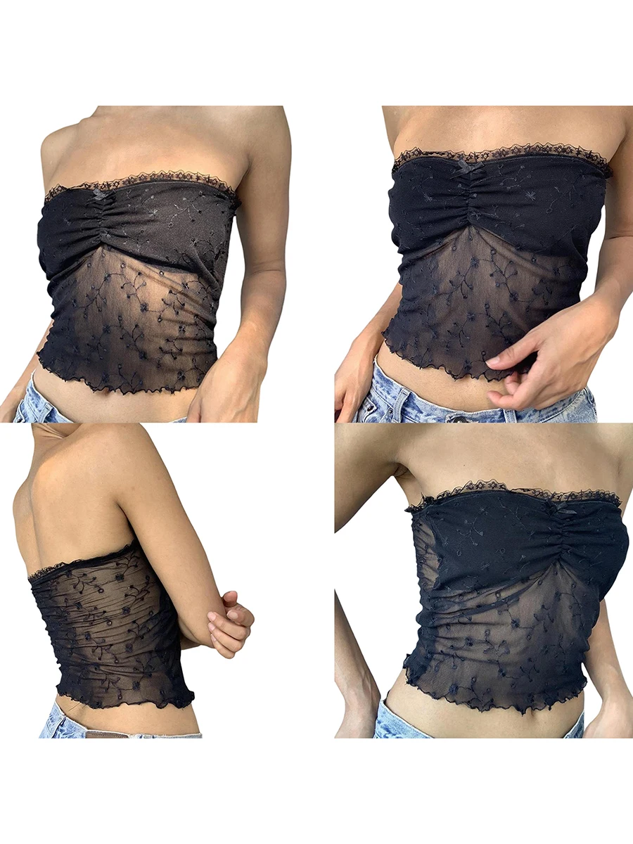 

Women Sexy Bodycon Strapless Off Shoulder Crop Tank Top Y2k Floral Embroidery Lace Mesh Patchwork Tube Top Streetwear