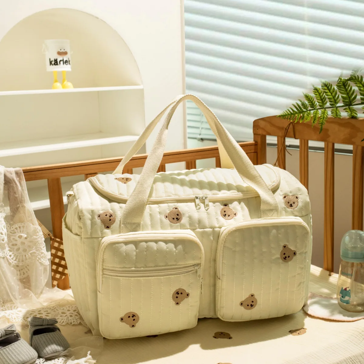Baby Diaper Bag Cute Bear Flower Embroidery Pattern Mommy Bag Baby Beige Cotton Fabric Zipper Diaper Handbag New Luggage Bag