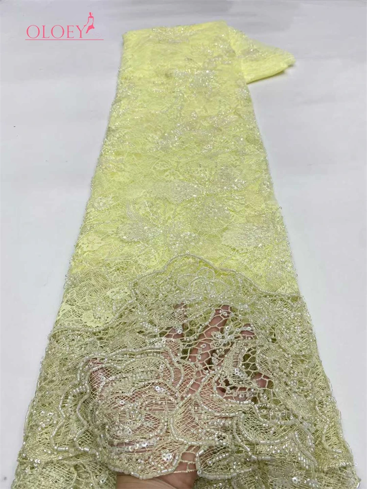 

OLOEY African French Sequins Lace Fabrics High Quality Tulle Lace 5 Yards Nigerian Embroidered Dress Material For Party