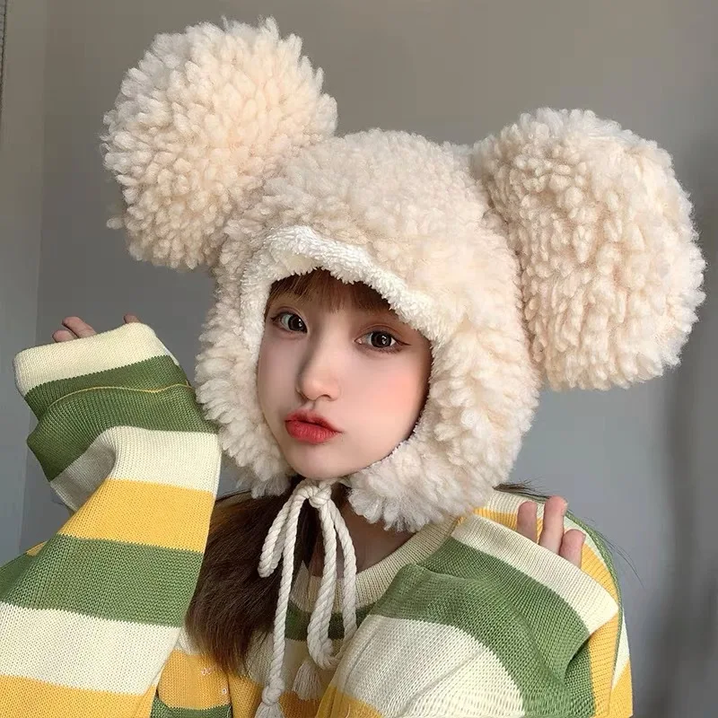 Ins Korean Kawaii Pom-pom Big Ears Bear Hats for Women Winter Imitation Lamb Wool Cold Proof Protection Ear Strap Bomber Cap