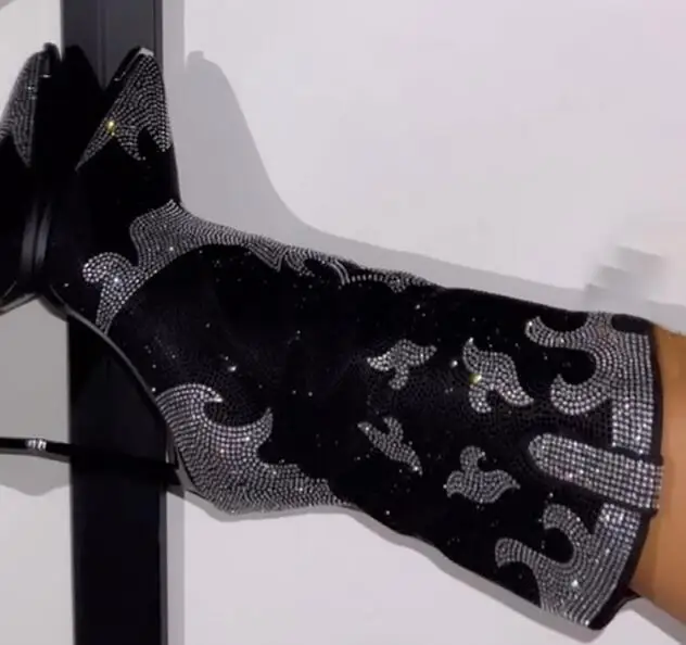 

Luxury Women Fashion Black Sliver Bling Crystal Rhinestone Mixed Color Pointed Toe Thin Heels Mid-calf Boots Lady Modern Boots