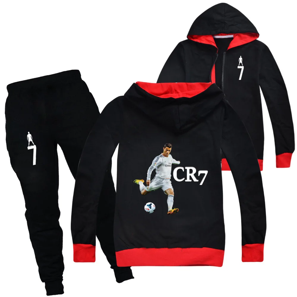 Ensemble sweat à capuche et pantalon à fermeture éclair pour garçons, haut pour enfants, vêtements chauds, étoile de football, PVD, Ronaldo, CR7, 2 pièces