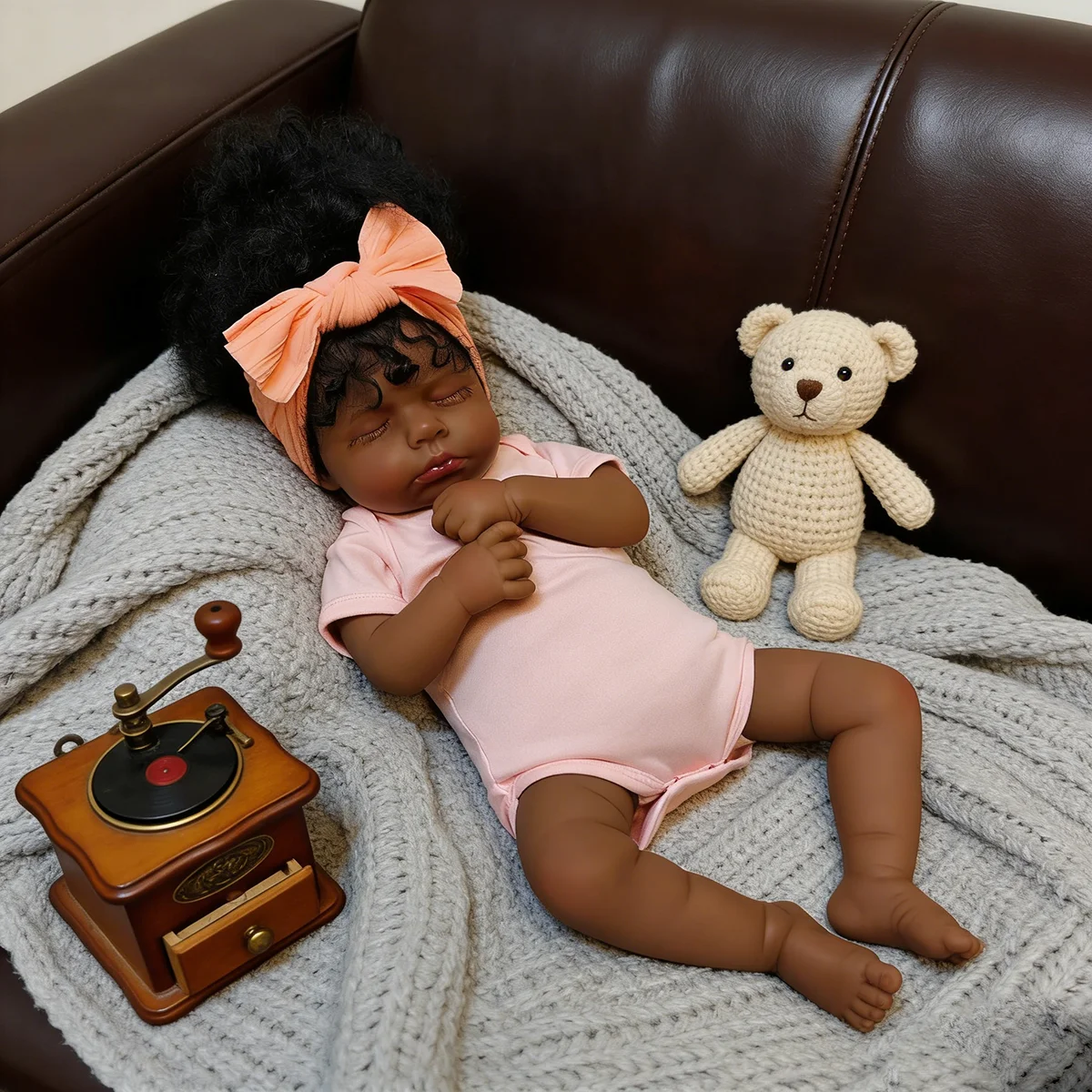 19 Inch LouLou Reborn Doll Dark Skin Soft Cloth Body,Lifelike Newborn with Multiple Layers Painting 3D Skin Hand Root Curly Hair