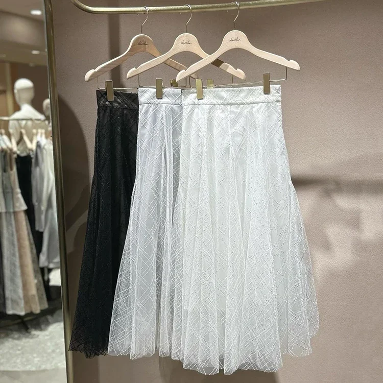 Japanese Style Embroidery Sequined Shiny Elastic Waist Mesh Swing Fairy Skirt Girl Women's High Waist Long Skirts