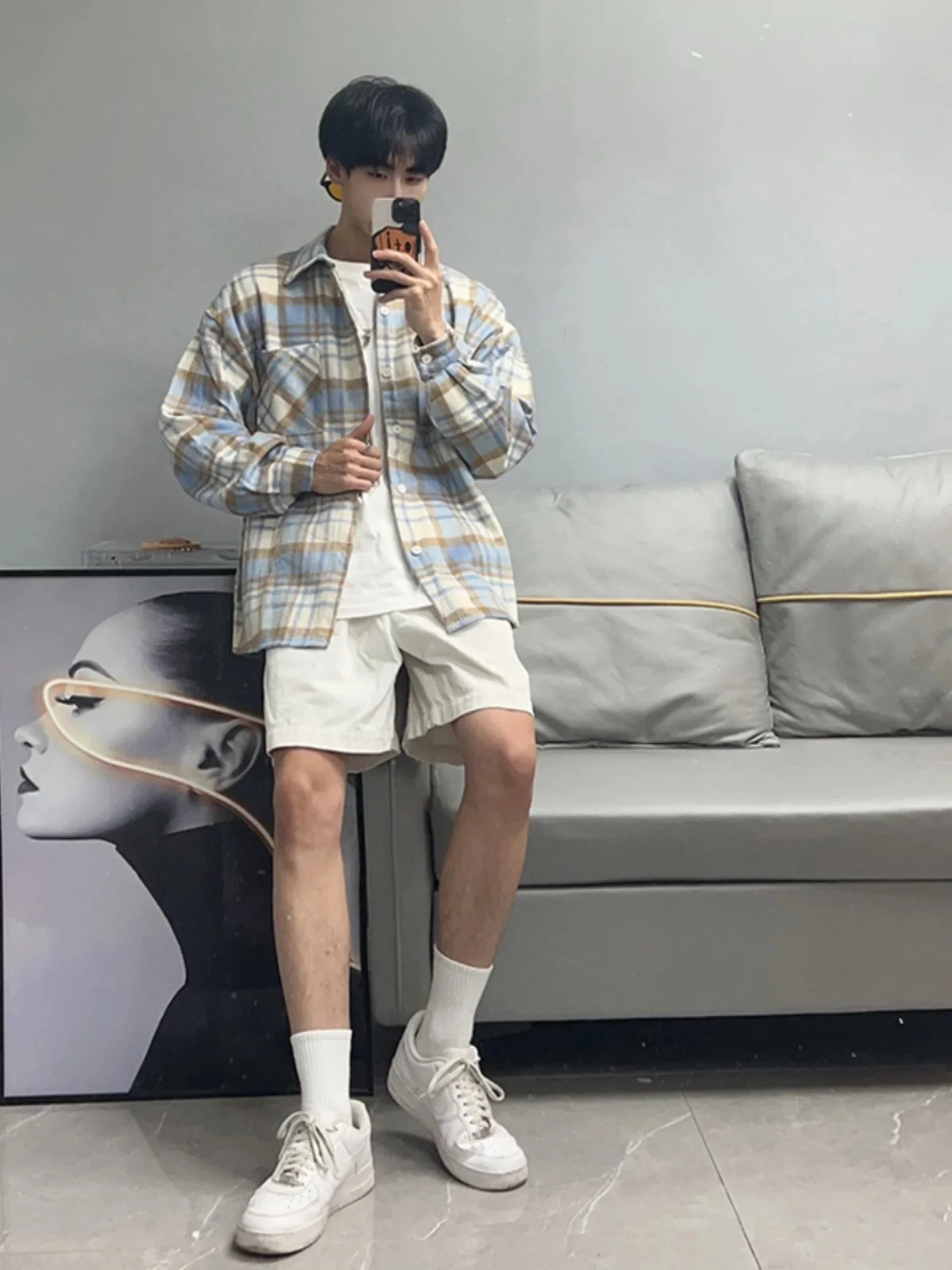 Preppy Plaid Woolen Men's Shirt Long Sleeve Spring Autumn Korean Style Fashionable Outerwear Casual Chic Youth Trend Loose Fit