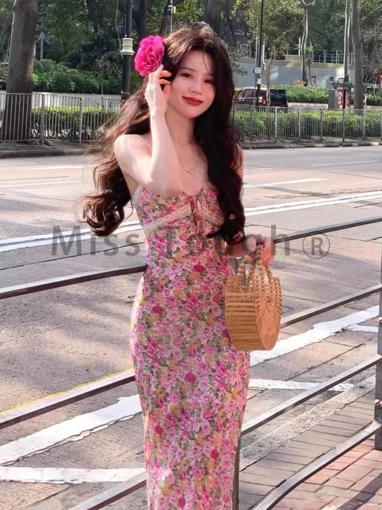 Floral Kawaii Strap Dress Women Summer French Sweet Casual Long Party Dress Female Beach Style Corset Slim One Piece Dress New