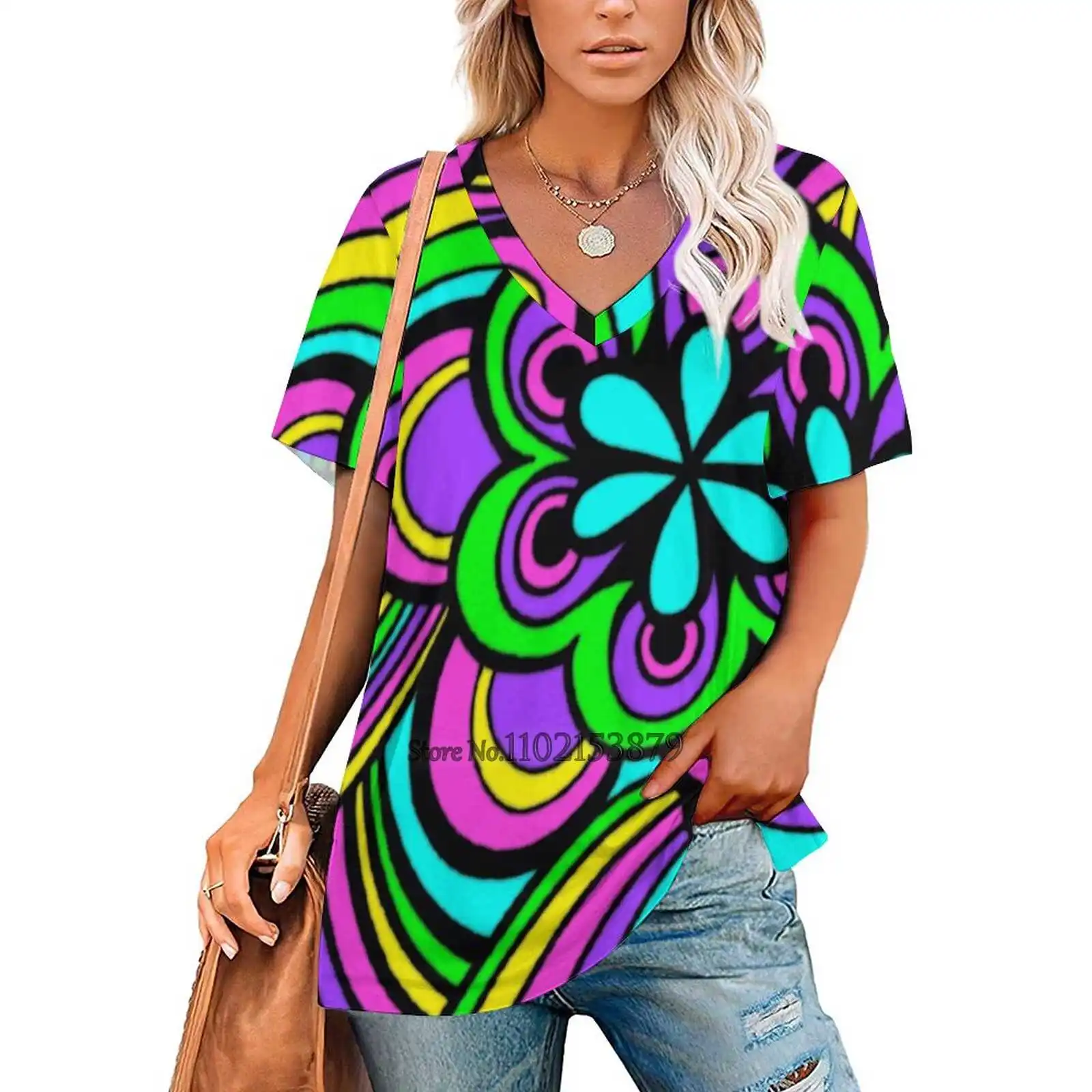 Flower Power Women's Clothing V-Neck Tops Zipper Tee Ladies Casual Sexy T-Shirt Groovy Hippie Floral Line Art Flower Power