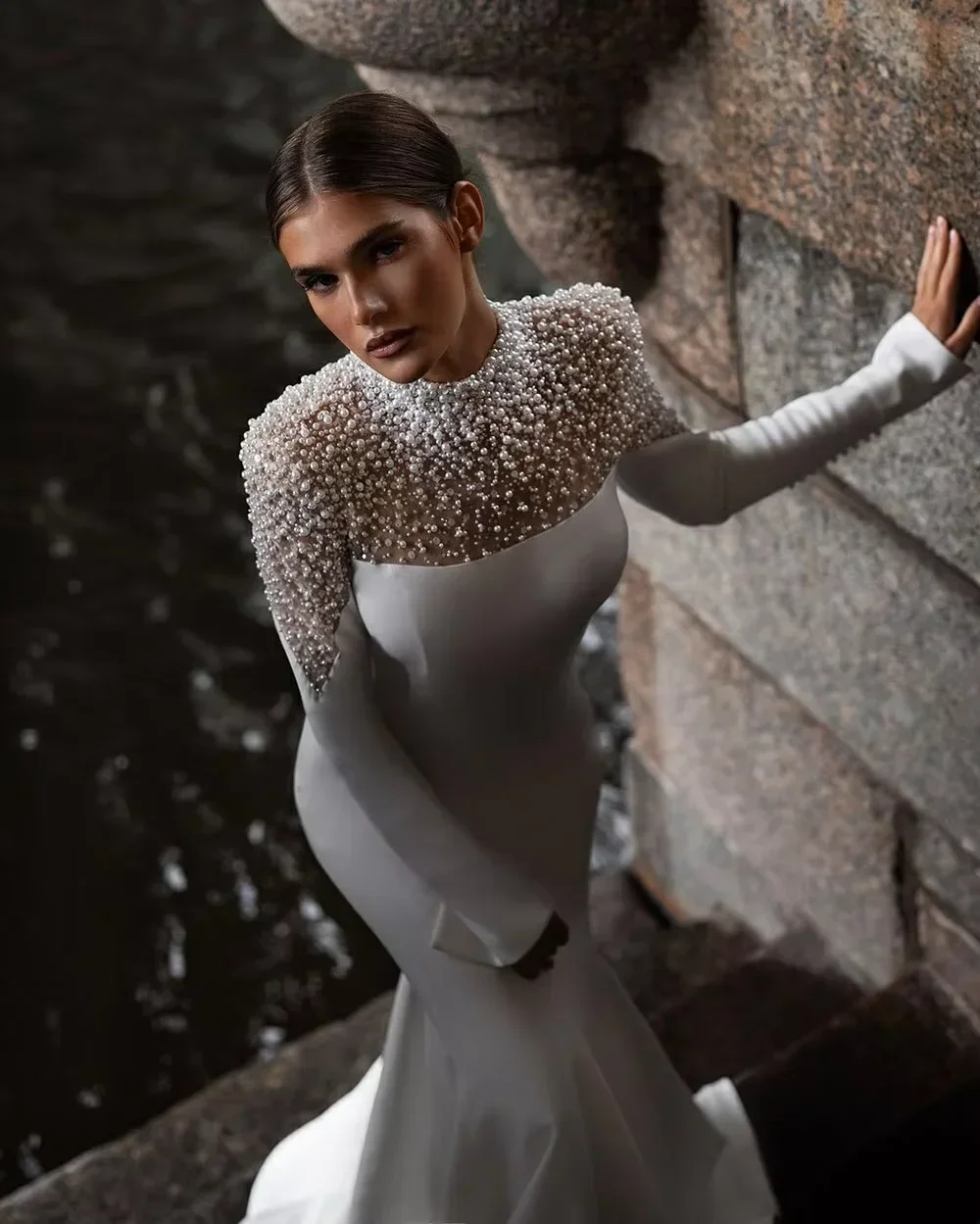 Customzied Mermaid Wedding Dresses Long Sleeve Church Sweeping Train Pearl Turtle Neck Women's Bridal Gowns for Formal Occas