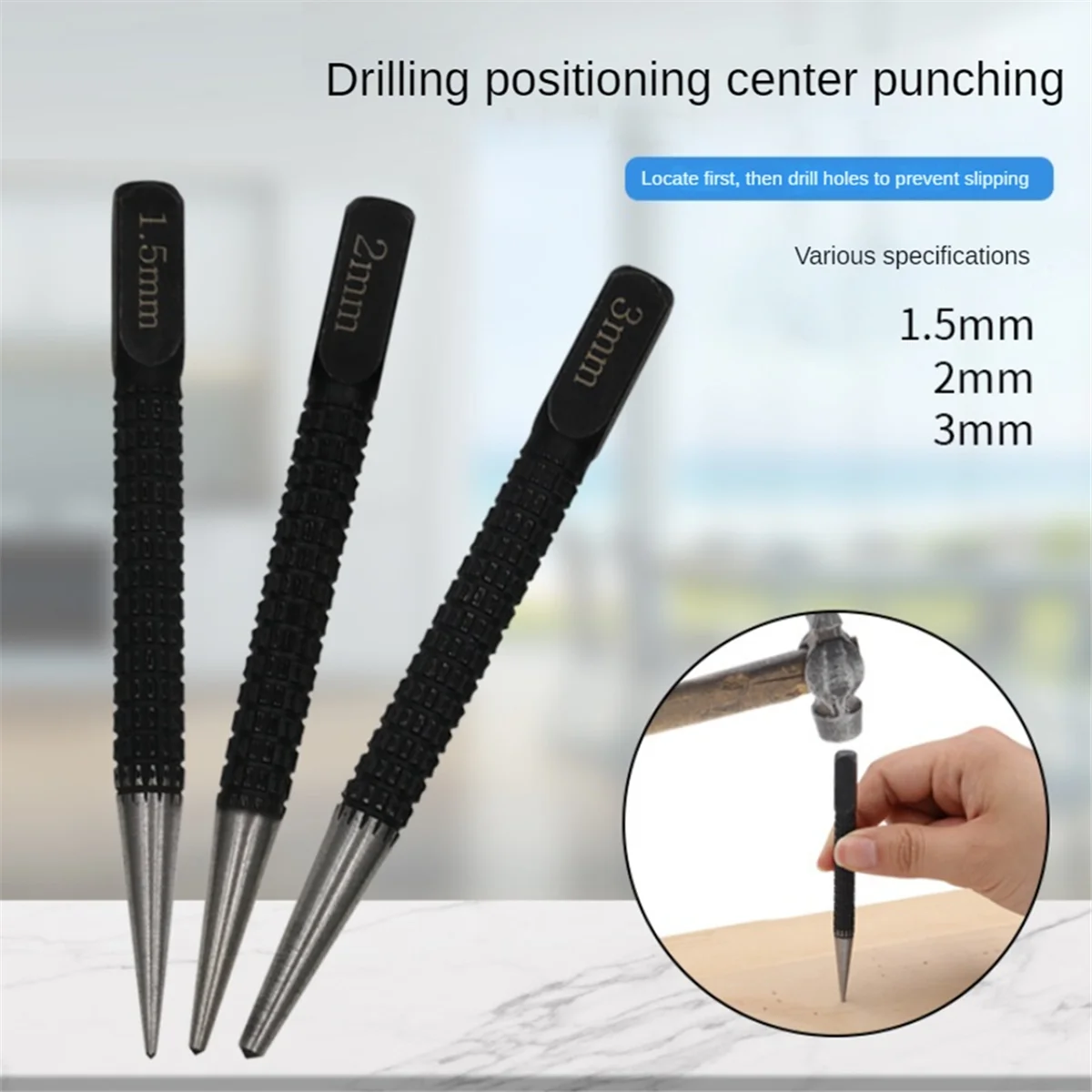 3Pc Center Punch Positionering Ponsboring Fixer Zwart Cilindrische Nail Punch Pin Tool Accessoires 1.5Mm/2Mm/3Mm