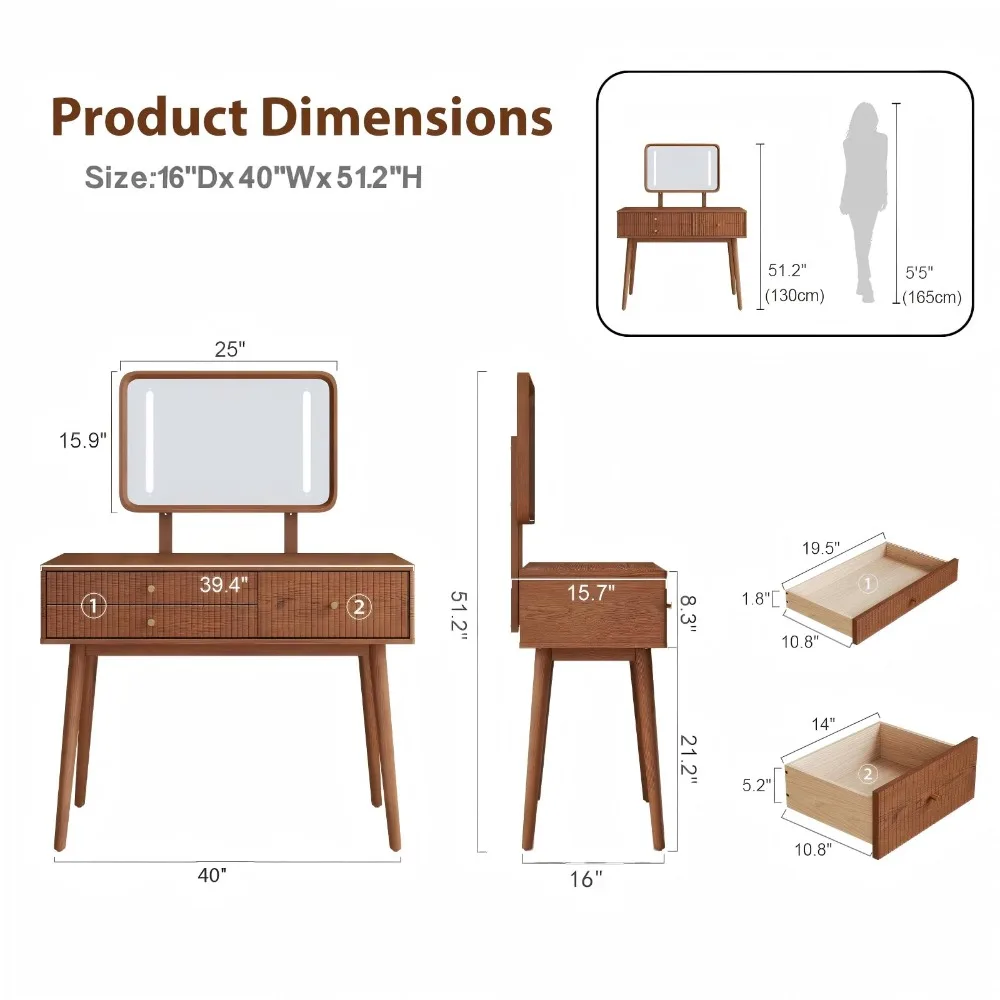 Wood Vanity with Mirror Light, Three-Drawer Vanity, Three-Color Adjustable Vanity Mirror, Suitable for bedrooms and