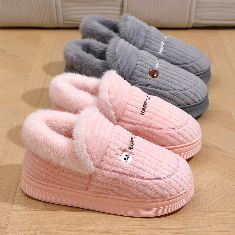Winter Warm Slippers Women Men 4cm Thick Platform Corduroy House Shoes Cute Bunny Full Heel Plush Fleece Lined Indoor Home Boot view 3