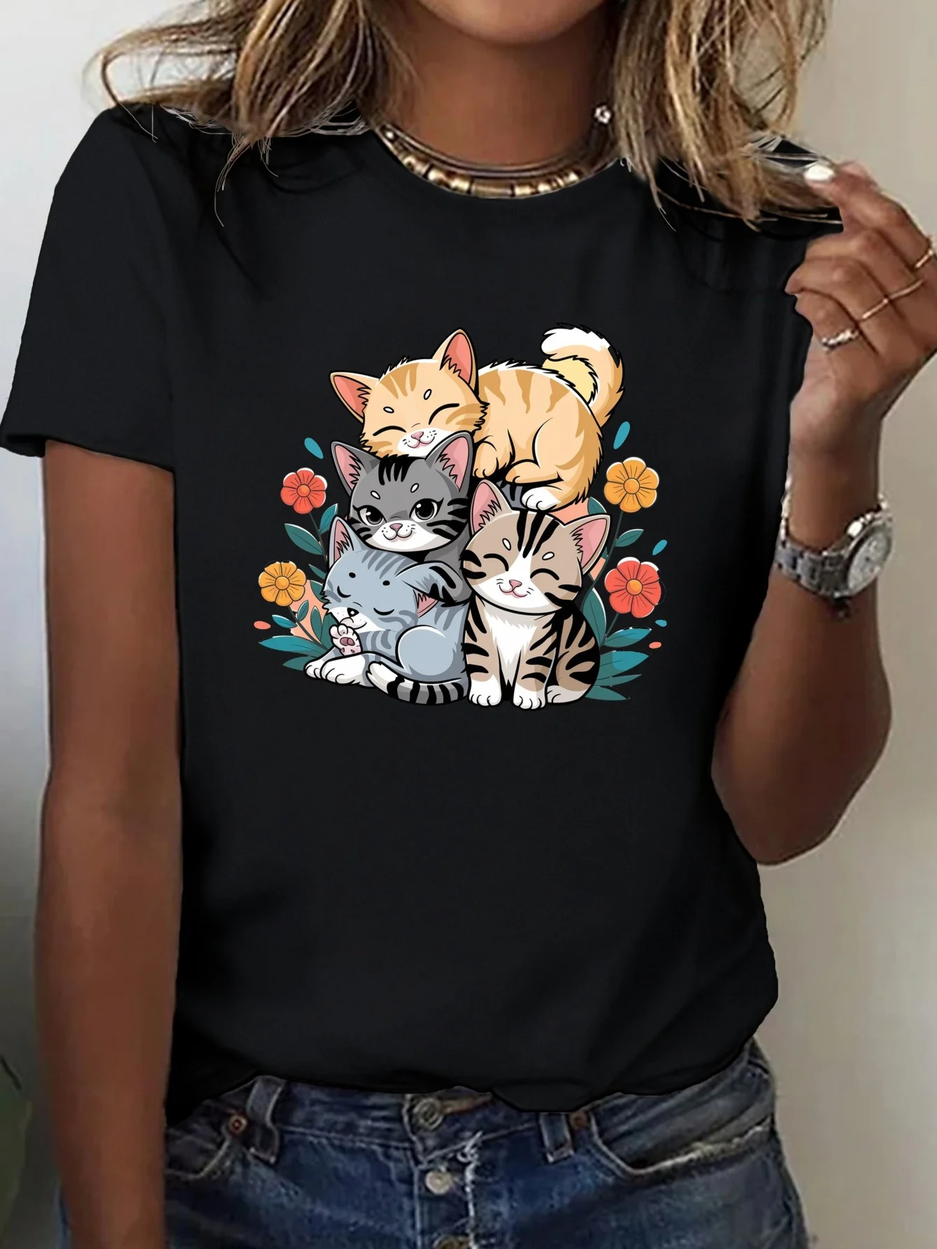 

four adorable kawaii kittens pure cotton women's T-shirt comfort fit