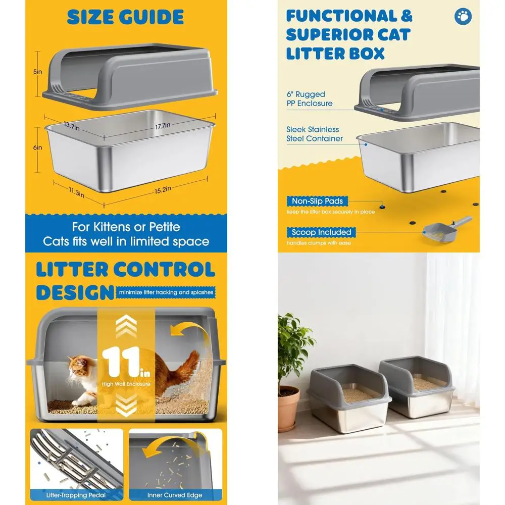 

Double Stainless Steel Cat Litter Boxes with Scoop, Non-Stick, Easy Clean, Leak-Proof Enclosure, Grey