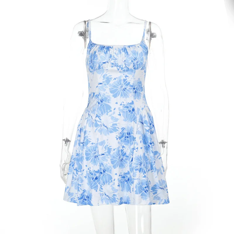 Floral Spaghetti Strap Mini Dress for Women Ruched A-Line Sleeveless Summer Sundress Casual Holiday Beach Vacation Outfit