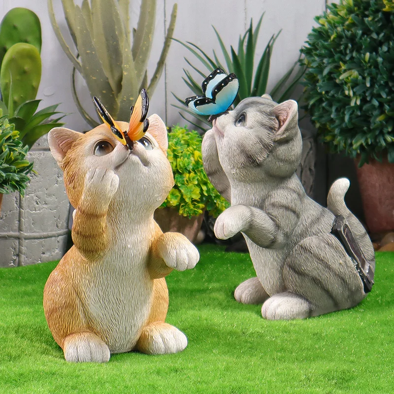 Sculpture de chat en résine mignonne avec lumière solaire papillon, lampe décorative pour jardin, cour, terrasse, pelouse, ornement