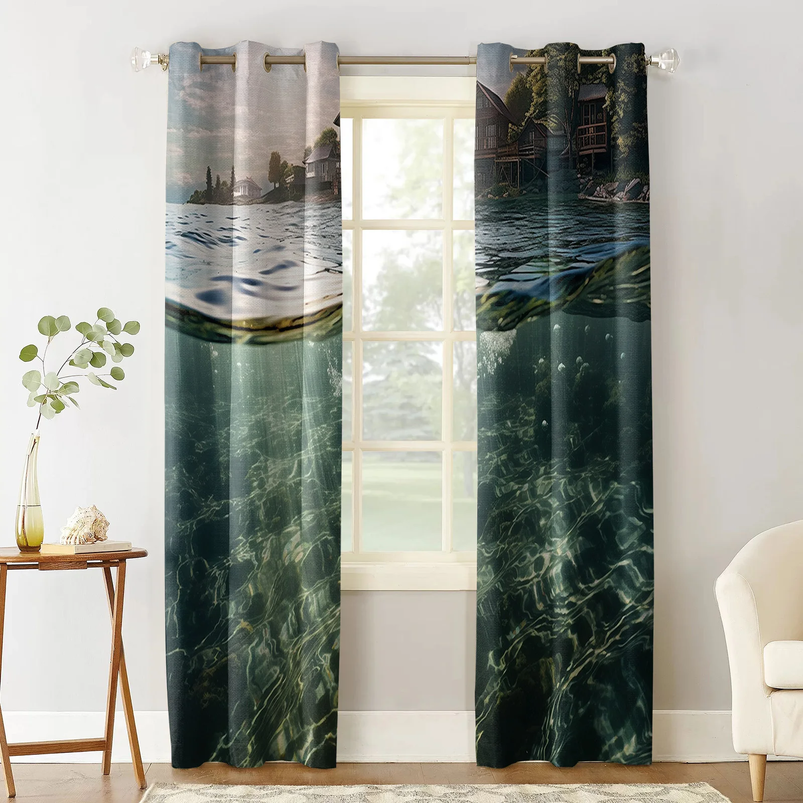 Underwater Waves Water Surfaces Houses Sky Curtains Living Room Window Panels Bedroom Kitchen Drapes Home Decor Window Curtain