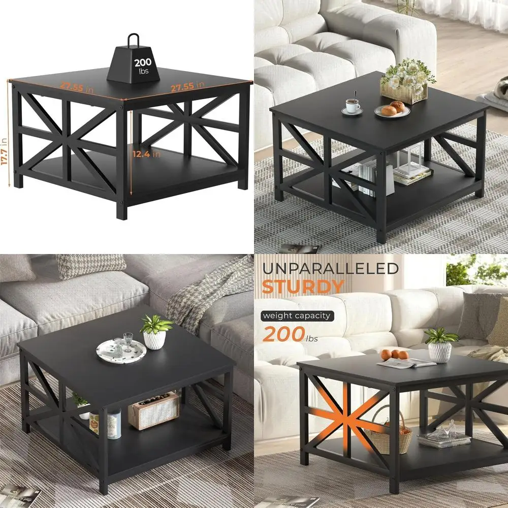 

Small Square Farmhouse Coffee Table with 2-Tier Storage, 27.55 Black Wood and Metal Centerpiece