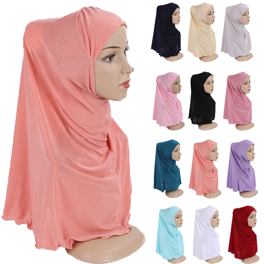 7-12Y Muslim Kids Girls Hijab Turban Instant Scarf One Piece Amira Islamic Headscarf Wrap Pull On Ready Made To Wear Cap Hat