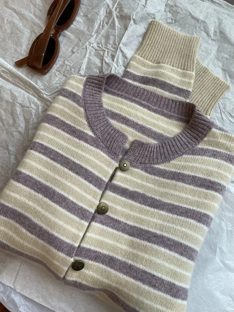 

Loose Knitted Stripe Sweater Women's Autumn Winter Faion Old Money Sle Color Blo Open Cardigan Long Sve round Ne