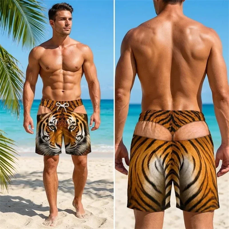 Herren-Badehose mit neuartigem Cutout-Design, 3D-Grafikdruck, lustigem tropischem Tiermuster, Kordelzug, schnelltrocknend, Strandparty-Shorts – Detail 8