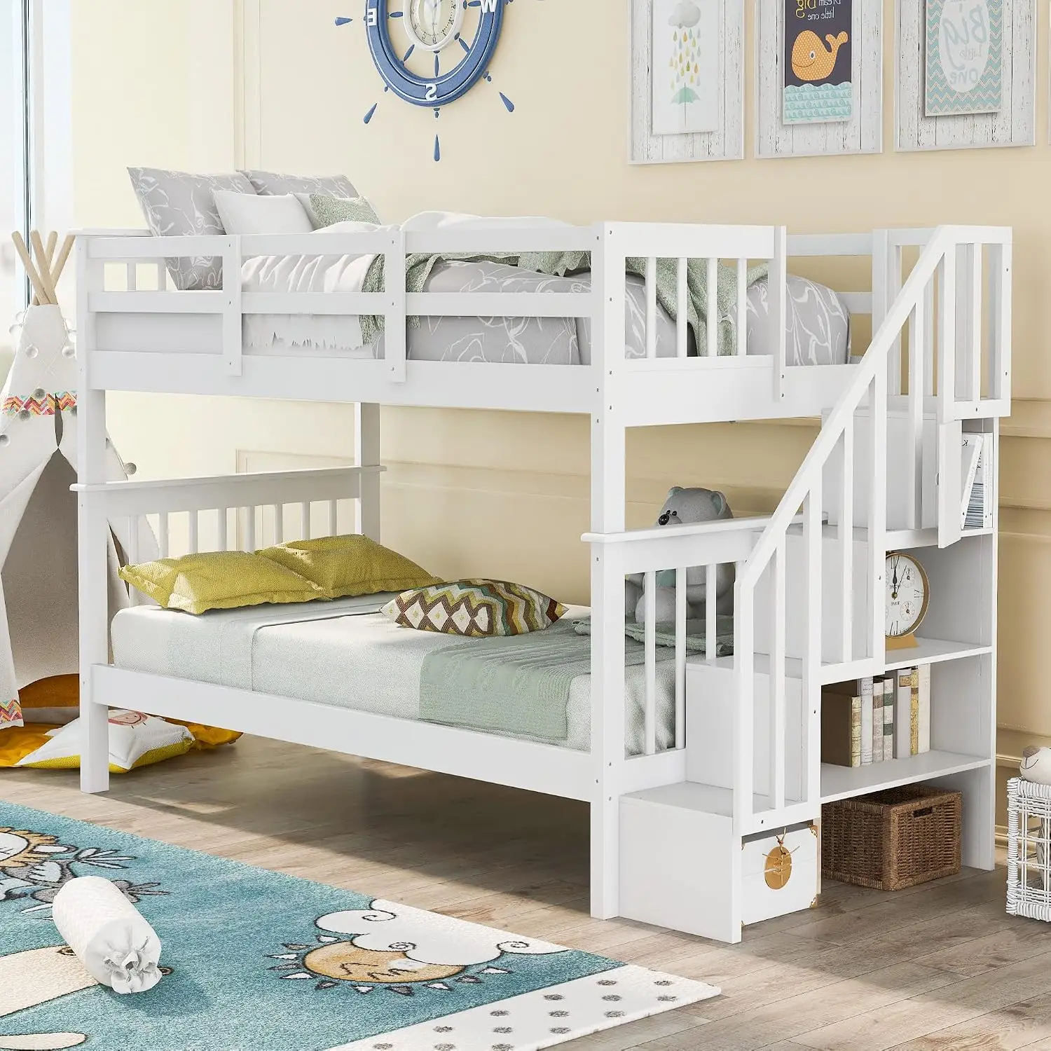 Solid Wood Twin Bunk Bed with Stairway Storage & Guard Rail for Bedroom Dorm Convertible to 2 Beds, Customized