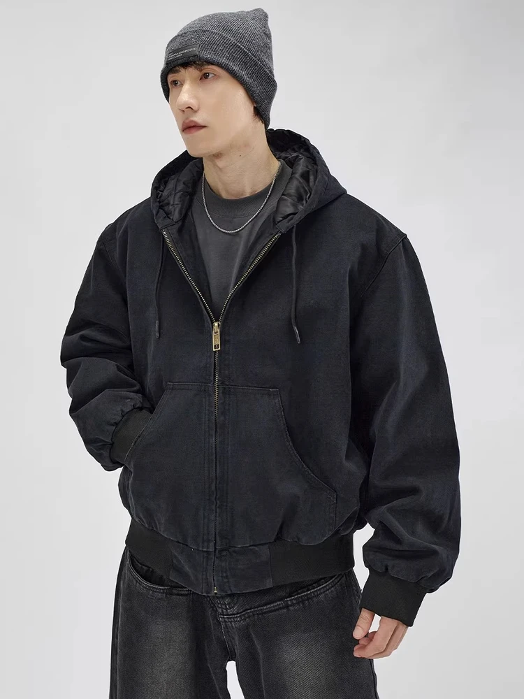 2025 New American Retro Hooded Zipper Cotton Jacket Men's Autumn Winter Heavy Washed Outerwear Fashionable Youth Casual Coat