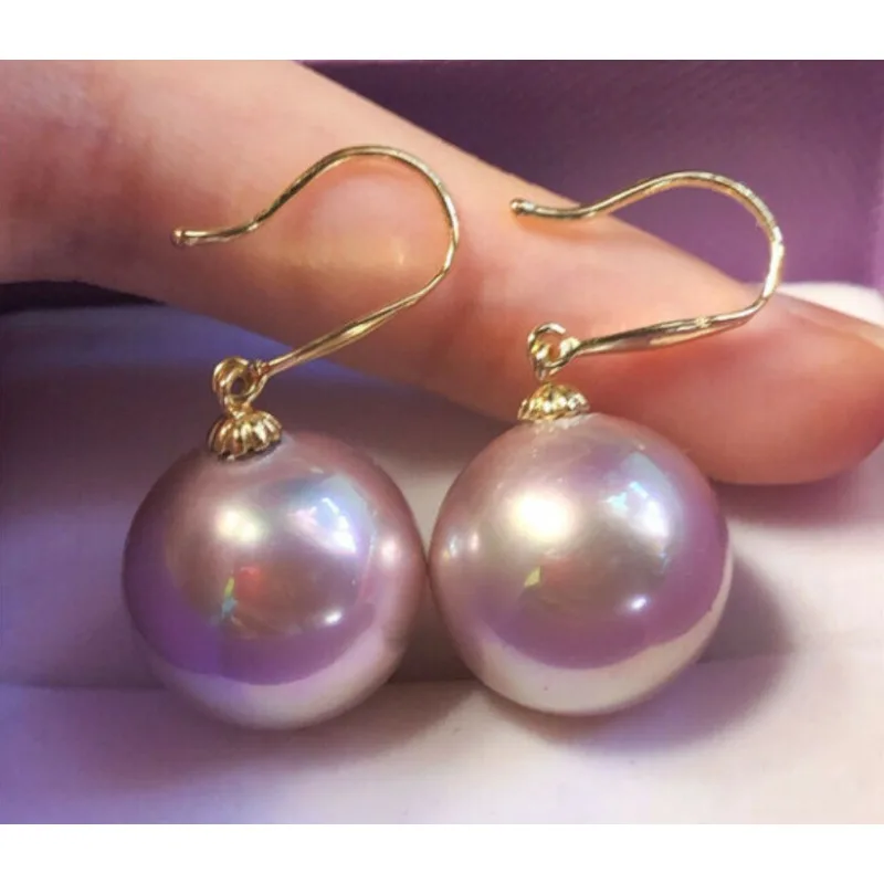 AAAA 16mm Natural Australian South Sea Pink Purple Shell Pearl Earrings 14k Gold -