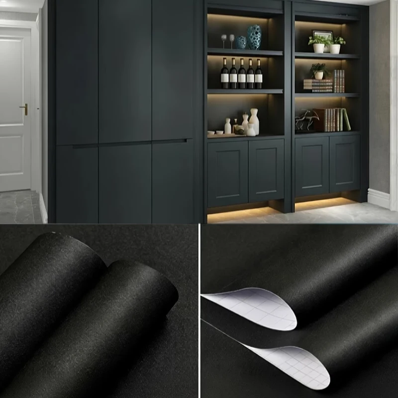 Matte Removable Black PVC Self-Adhesive Wallpaper Suitable For TV Background Walls Cabinets Dining Tables And Home Décor.