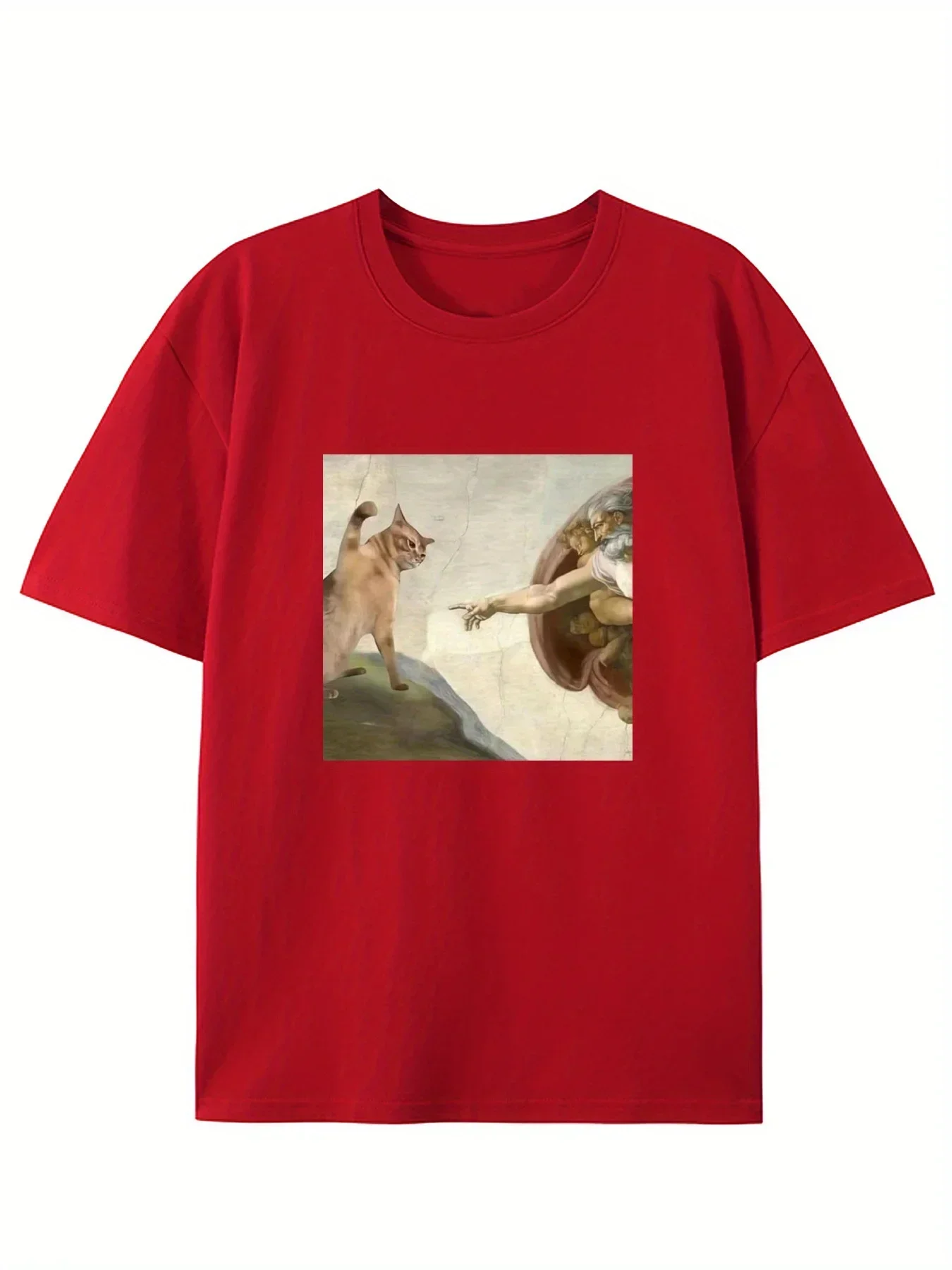 Camiseta gráfica de parodia de creación de gatos y Adán, camiseta informal con cuello redondo, camiseta de manga corta para mujer, Top informal de moda de verano