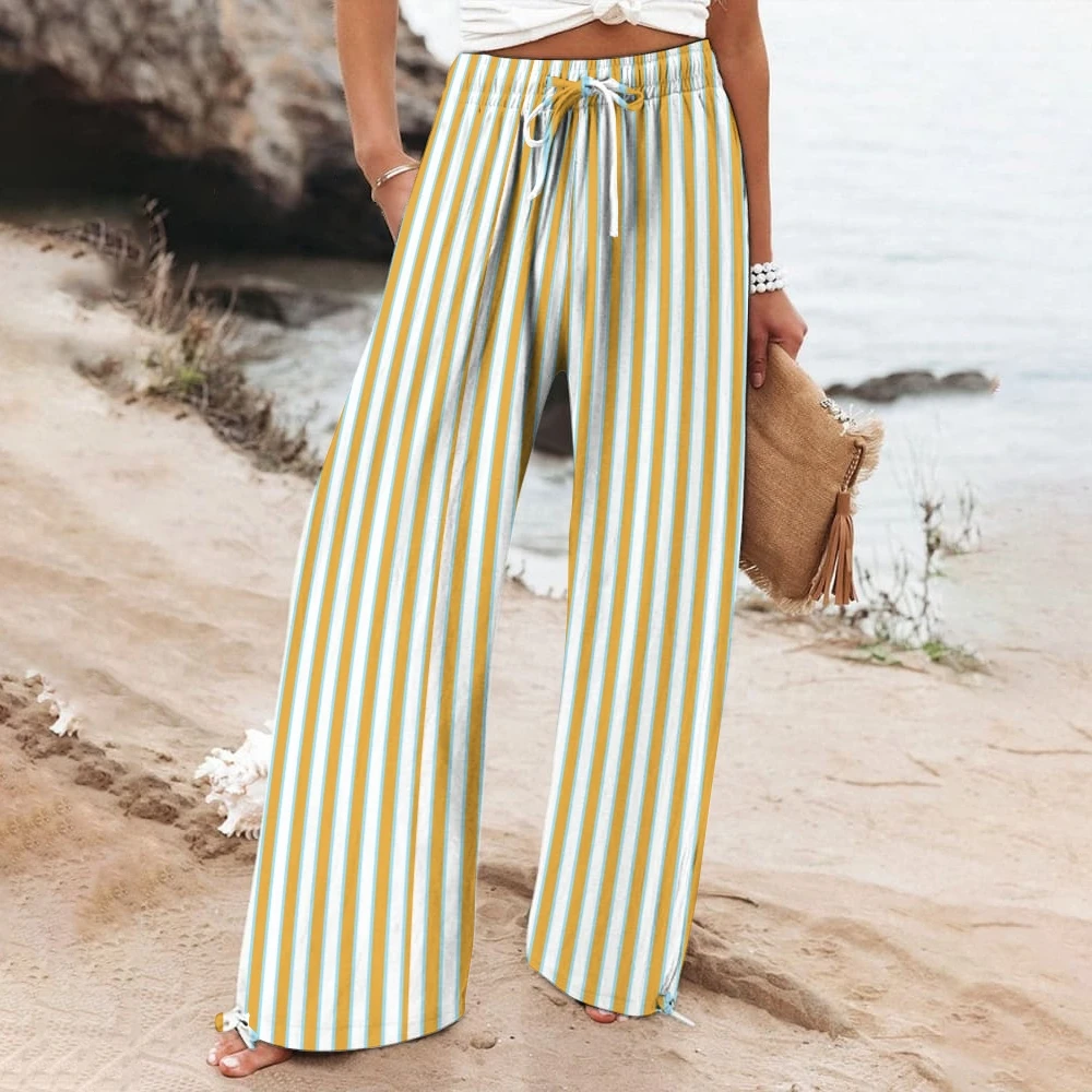 

Vertical Striped Drawstring Pants Versatile Beige Stripes Trousers Wide-Leg Stripes Wear Women Beach Vacation Straight Leg Pants