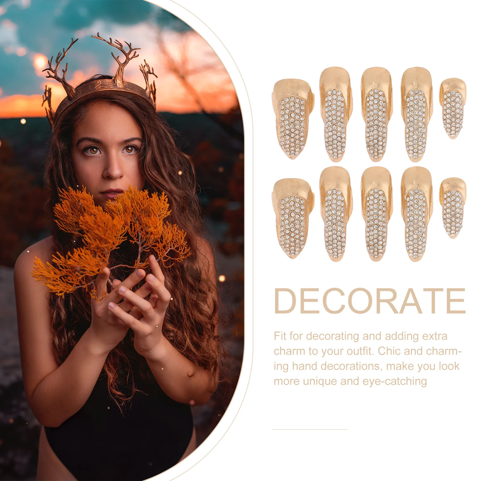 แหวนเล็บปลอมแบบมีคริสตัล 10 ชิ้น สไตล์พังก์ กอธิค สำหรับชุดฮาโลวีน อุปกรณ์เสริมสำหรับผู้หญิง แสดงโชว์