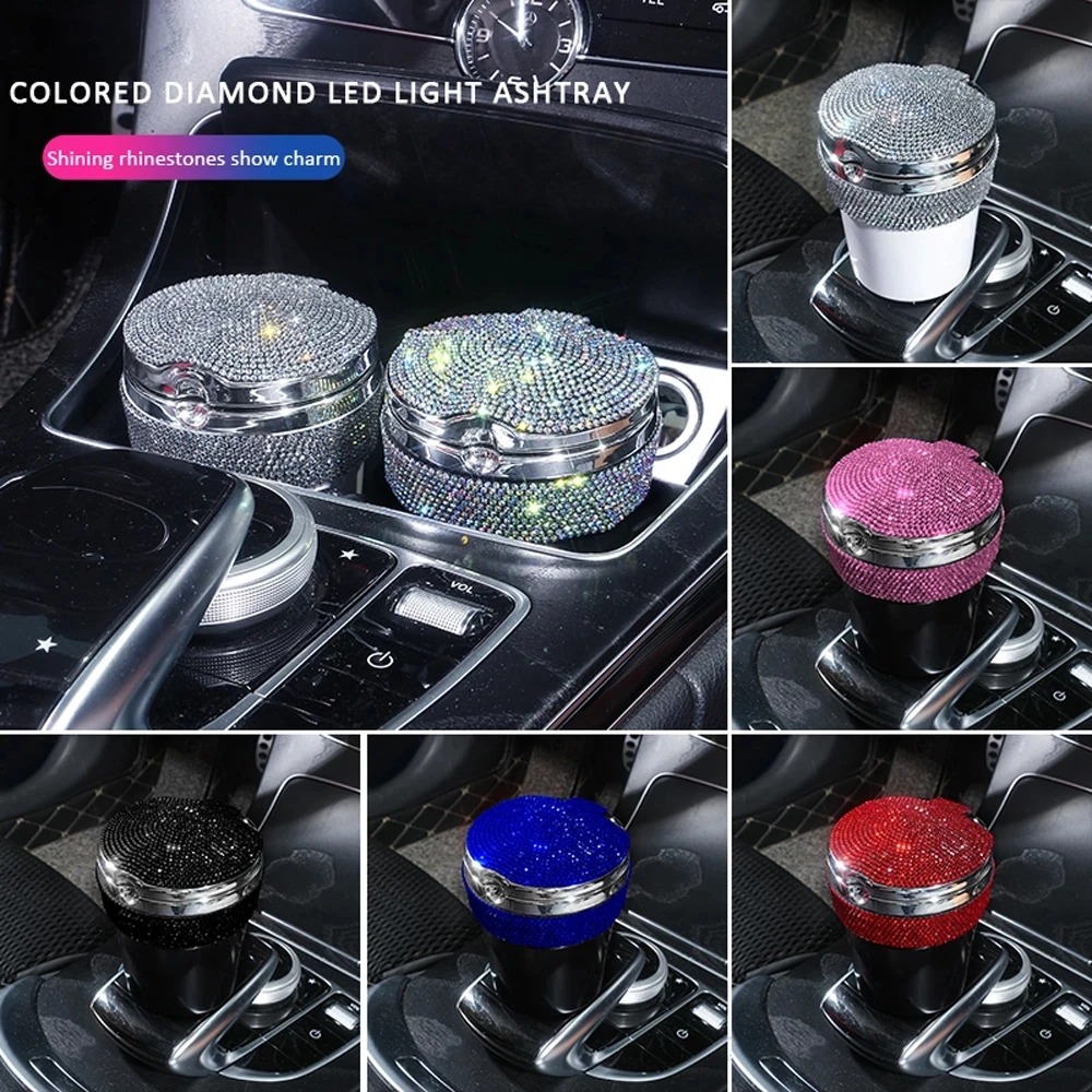 

Portable Car Ashtray with LED Light Universal Diamond Ash Tray Smokeless Auto Ashtray Flame Retardant Car Accessories for Woman