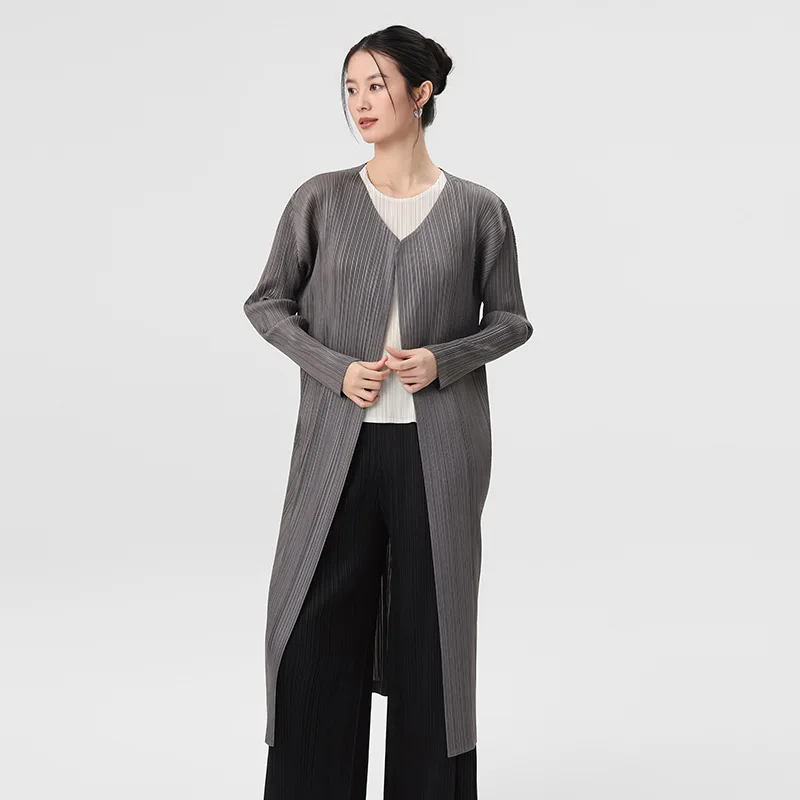 

Miyake Pleated Cardigan Women's Long Coat Spring Autumn Fashion Mid-Length Long-Sleeve Cardigan Trench Coat 2026 New 2DB6873