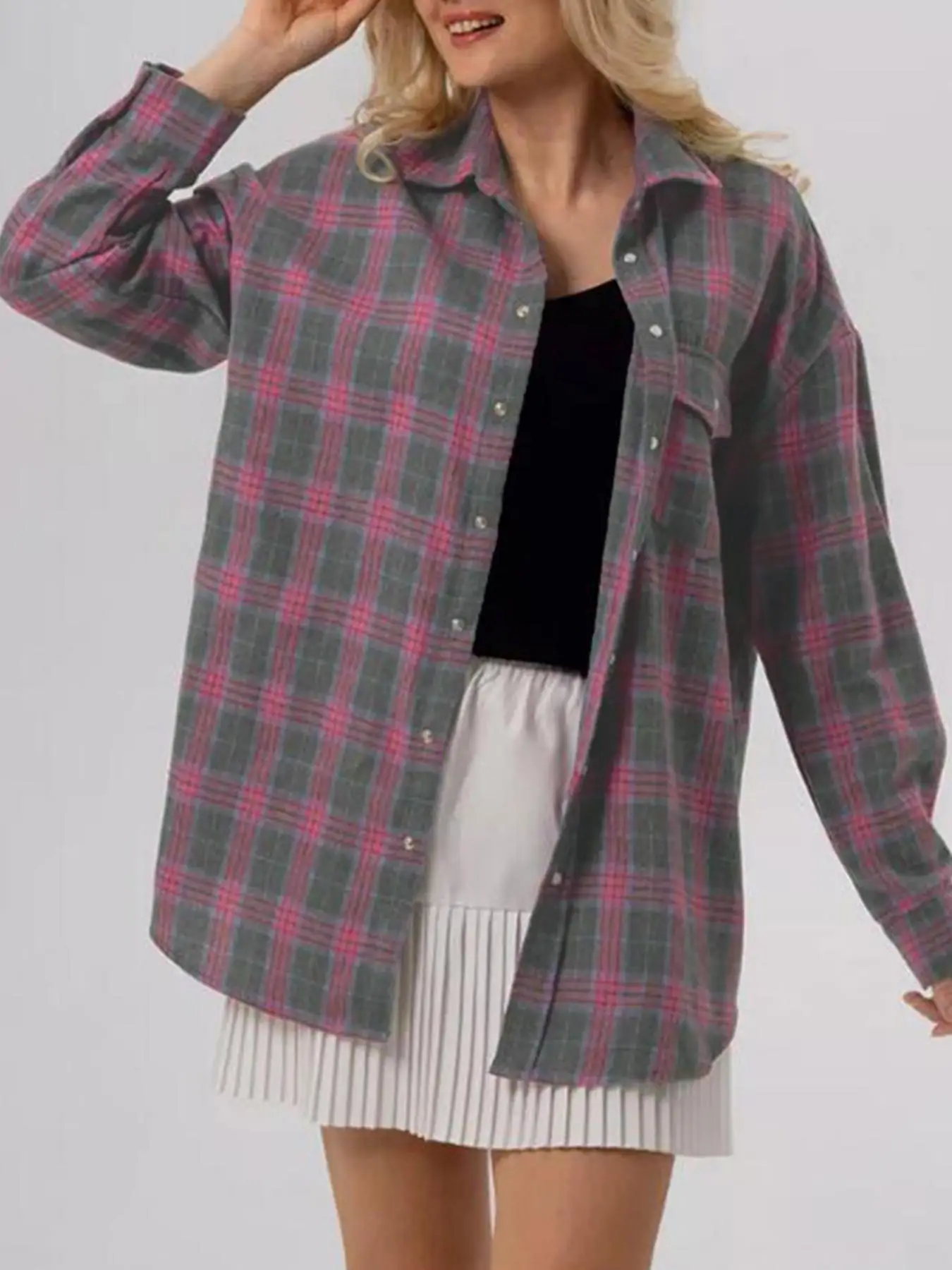2026 AUTUMN WOMEN'S PLAID LONG SLEEVE SHIRT, VINTAGE VERSATILE LAPEL LOOSE BLOUSE WITH POCKETS