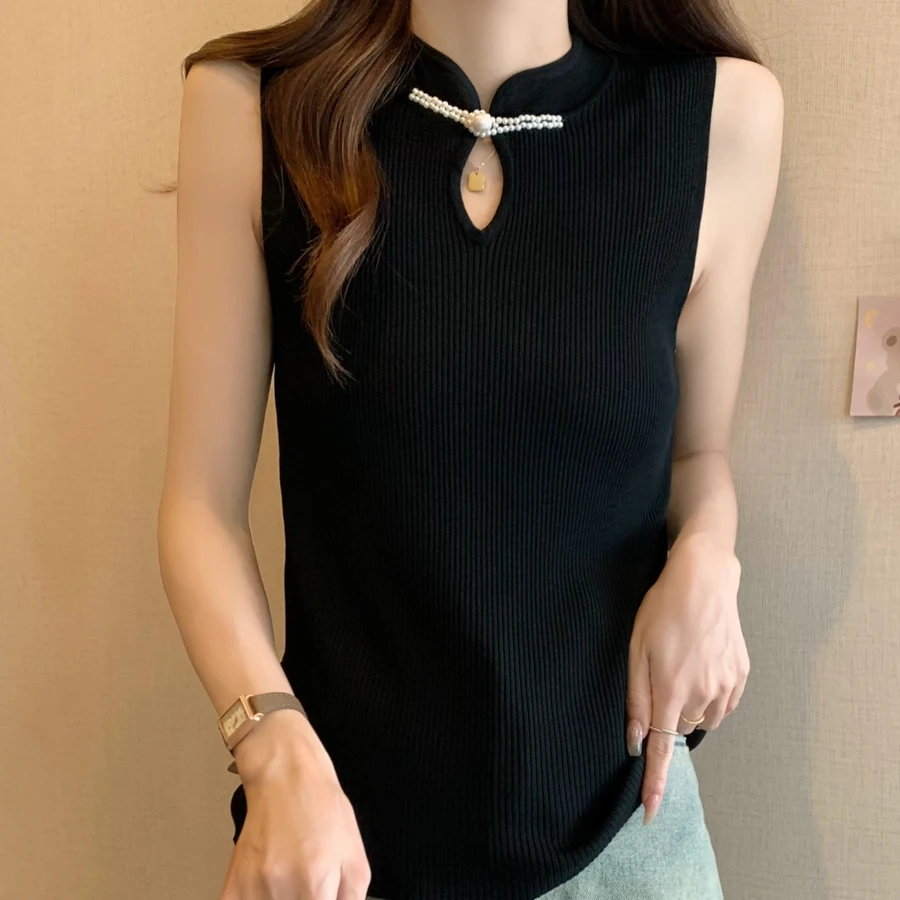 Sueter Feminino Nuovo maglione lavorato a maglia senza maniche Pullover da donna Colletto alla coreana bianco Perline Maglione lavorato a maglia Pullover Donna Top Q2460