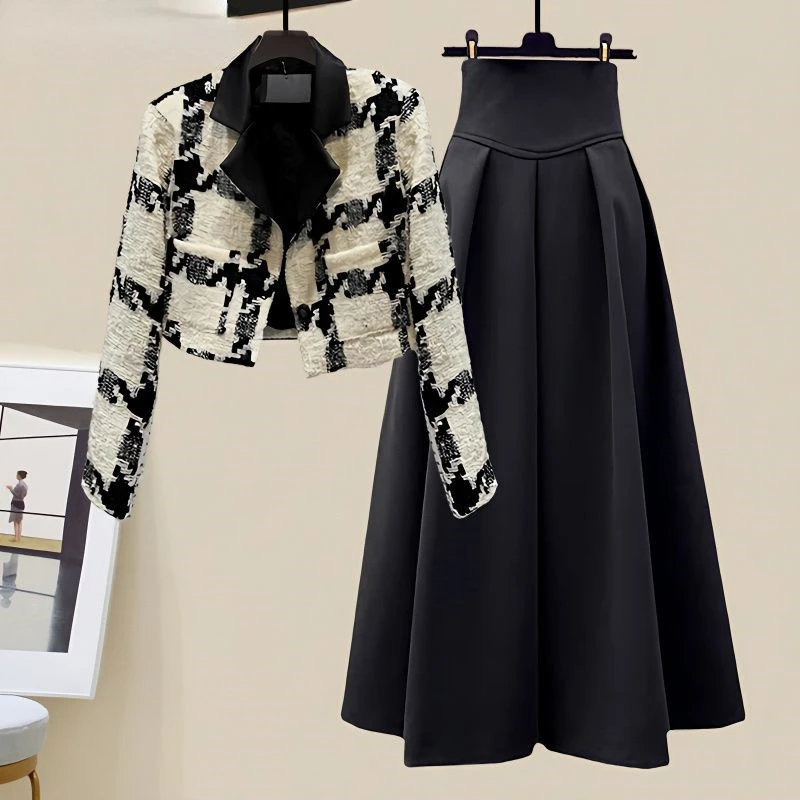 

Spring and Autumn Set Women's 2023 New Korean Edition High End Plaid Suit Top Slim and Versatile Half Skirt Two Piece Set