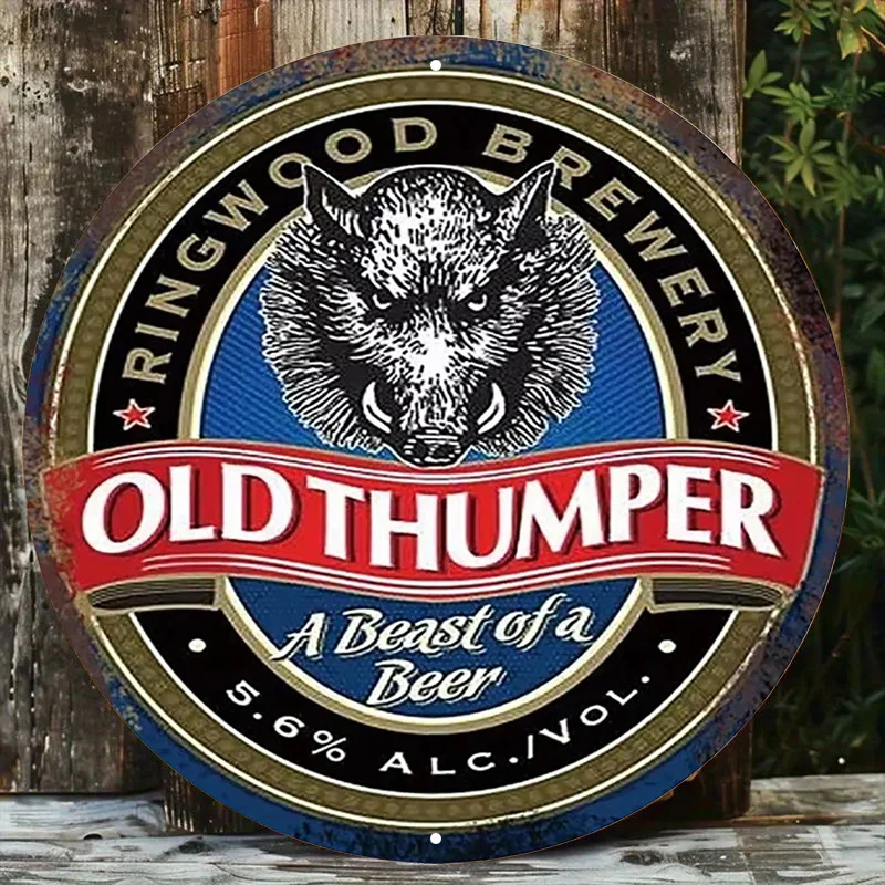 1pc Vintage Metal Sign, Old Thumper Ringwood Brewery Aluminum Round Poster Featuring Boar Design, Retro Vintage Look Wall Art fo