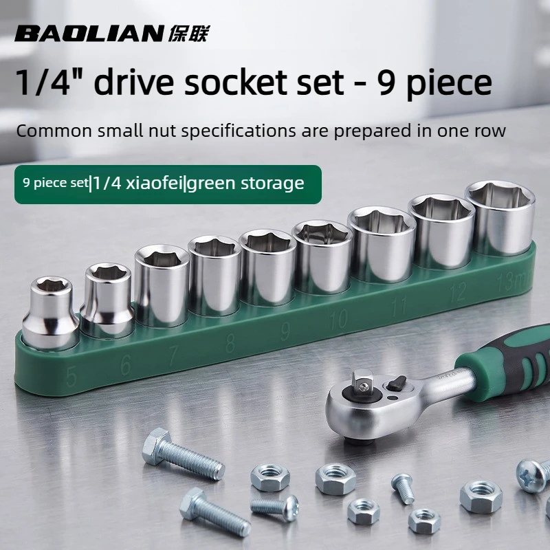 9pcs 1/4 Inch Drive Metric Socket Set 5-13mm Hex Nut Remover Tool Kit Carbon Steel For Ratchet Wrench And Power Drill
