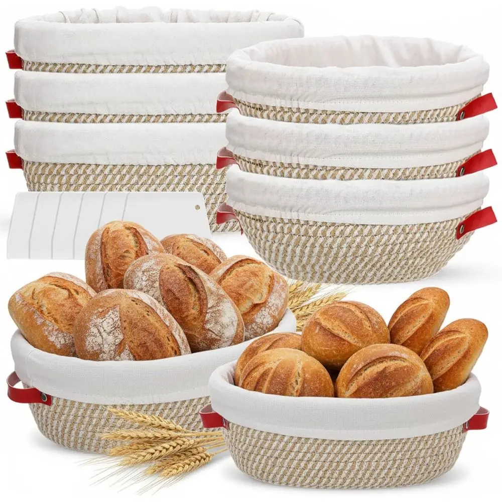 

6 Set Cotton Rope Banneton Bread Prooing Basket with Cloth Liner and Plastic Scraper Banneton Dough Sourdough Prooing Bowls Kit