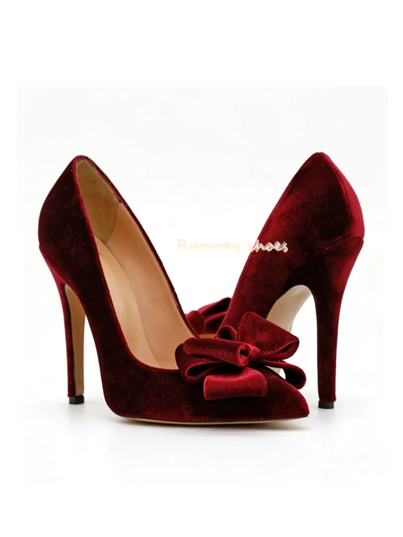 

Claret Velvet Fabric Bow Decoration Shallow Women's Stiletto Heels Spring And Autumn Style Luxury Women's Banquet Shoes Heels