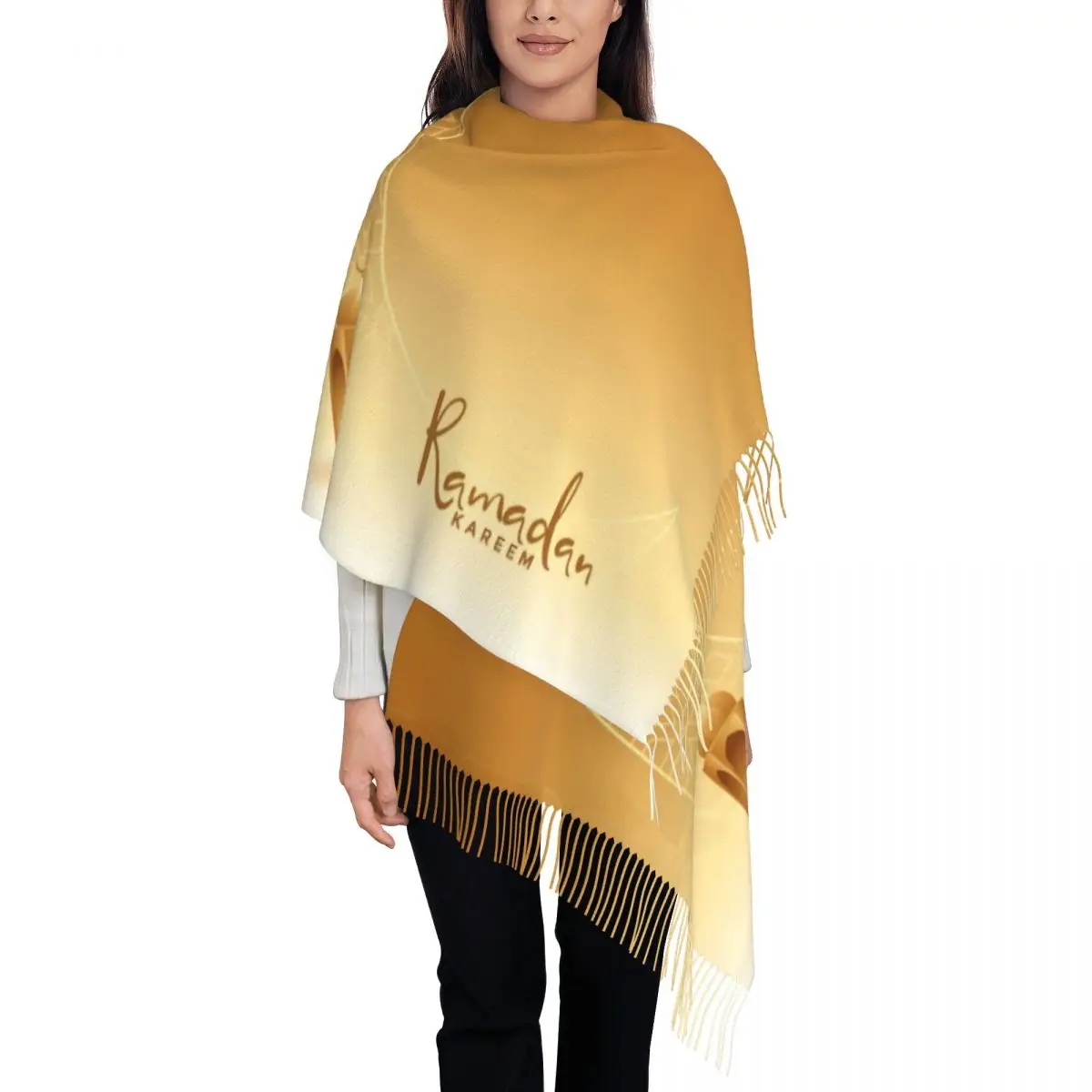 Female Long Ramadan Kareem Scarves Women Winter Fall Soft Warm Tassel Shawl Wraps Eid Mubarak Islamic Scarf