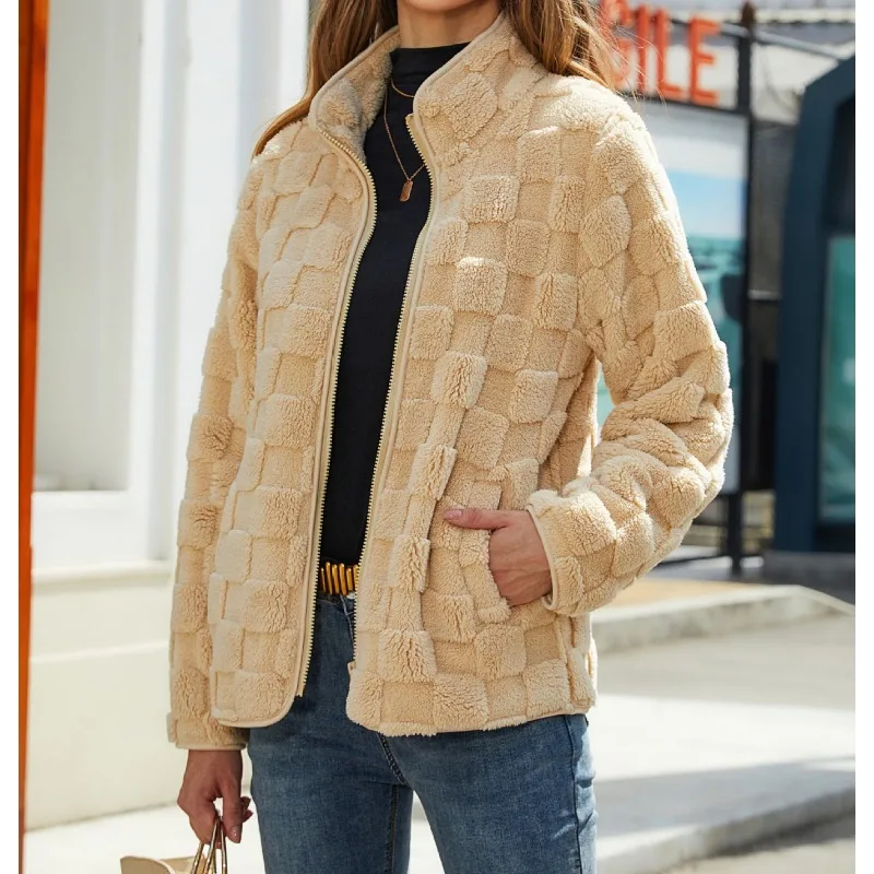 Autumn and Winter New Women\'s Fashion Long Sleeved Cardigan Zipper Loose Solid Color Checkered Plush Coat